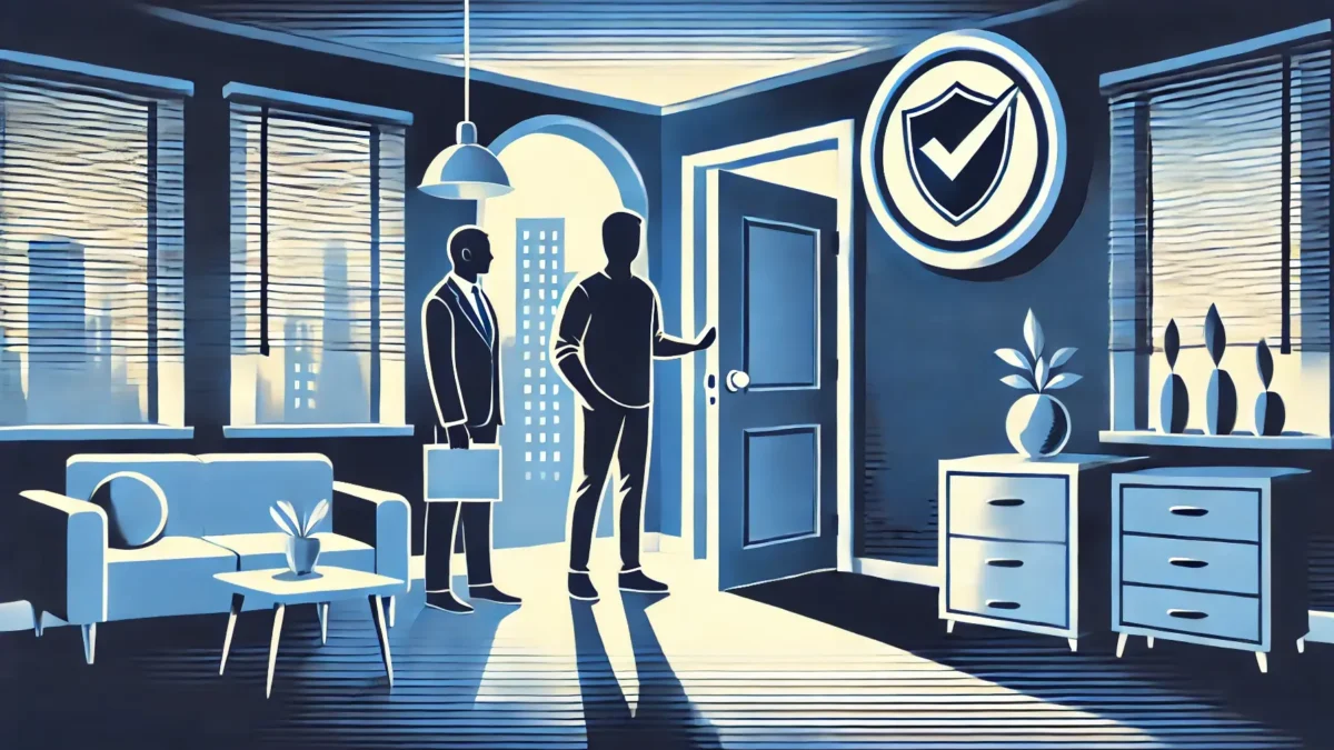 illustration for "Guide to Safe Apartment Tours," showing a person carefully exploring an apartment with an agent guiding them. Subtle icons like shields or checkmarks emphasize the theme of safety, and the welcoming atmosphere enhances the secure feeling of the tour.