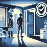 illustration for "Guide to Safe Apartment Tours," showing a person carefully exploring an apartment with an agent guiding them. Subtle icons like shields or checkmarks emphasize the theme of safety, and the welcoming atmosphere enhances the secure feeling of the tour.