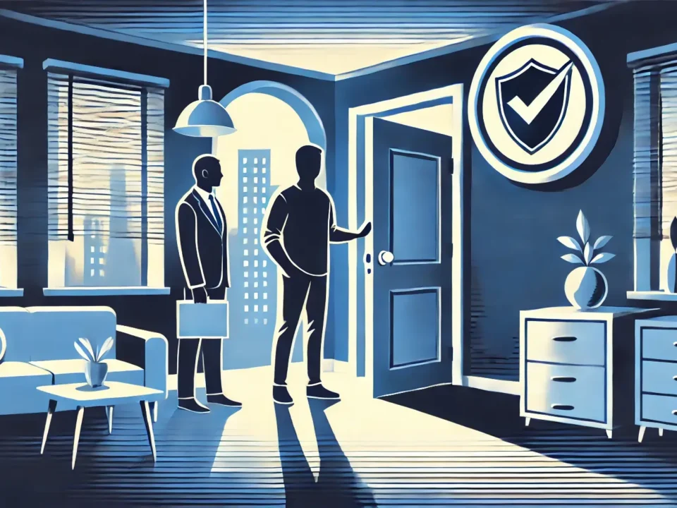 illustration for "Guide to Safe Apartment Tours," showing a person carefully exploring an apartment with an agent guiding them. Subtle icons like shields or checkmarks emphasize the theme of safety, and the welcoming atmosphere enhances the secure feeling of the tour.