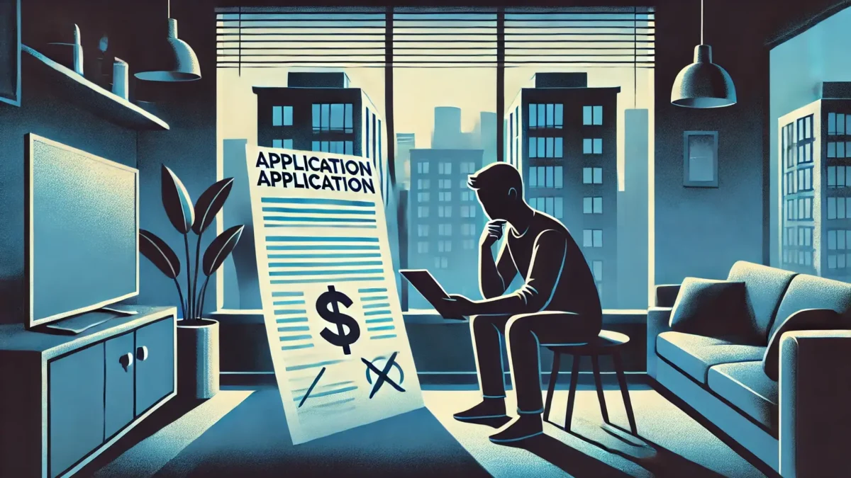 illustration focused on "Avoiding Application Fee Scams," depicting a person cautiously reviewing rental documents in their apartment. Subtle symbols, like a crossed-out dollar sign, add emphasis on the theme.