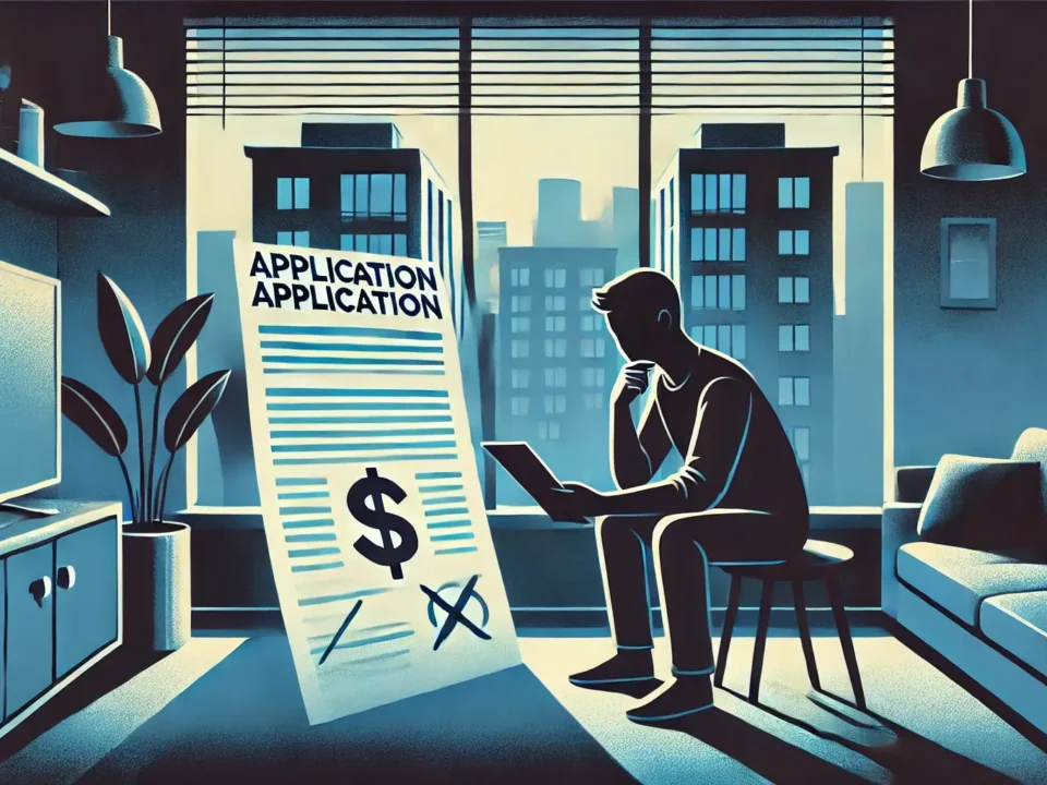 illustration focused on "Avoiding Application Fee Scams," depicting a person cautiously reviewing rental documents in their apartment. Subtle symbols, like a crossed-out dollar sign, add emphasis on the theme.