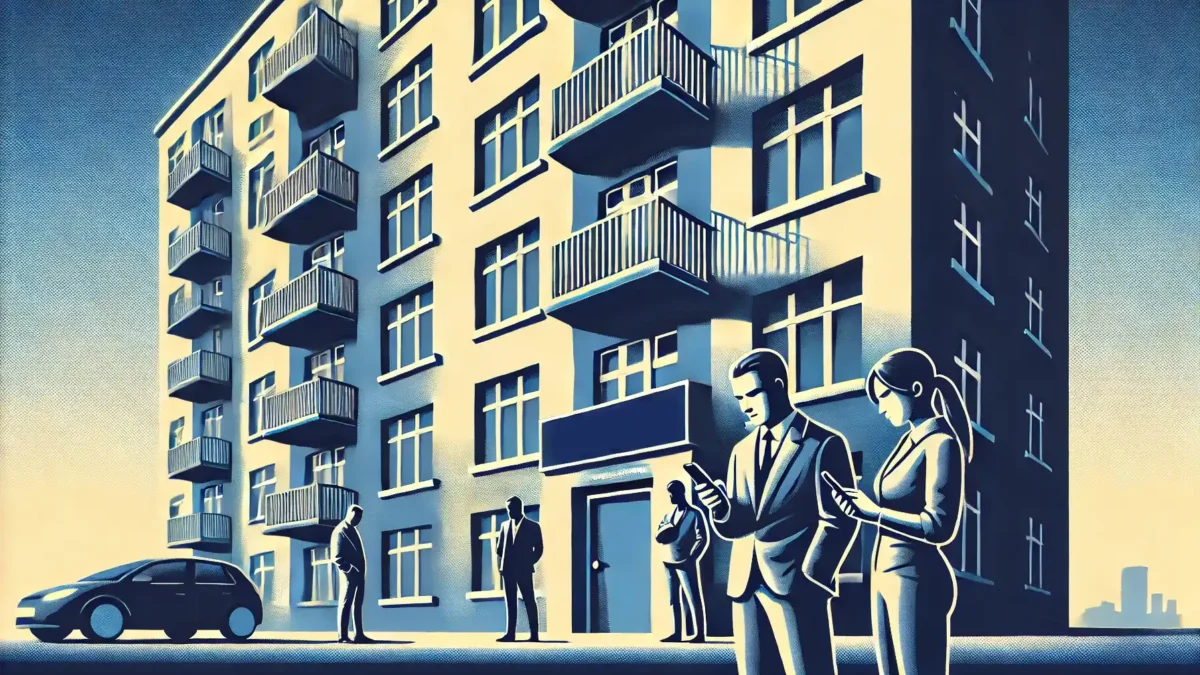 A stylized illustration in shades of dark blue, light blue, and white, with a retro graphic style and no text overlay. The scene shows a group of people on their phones.