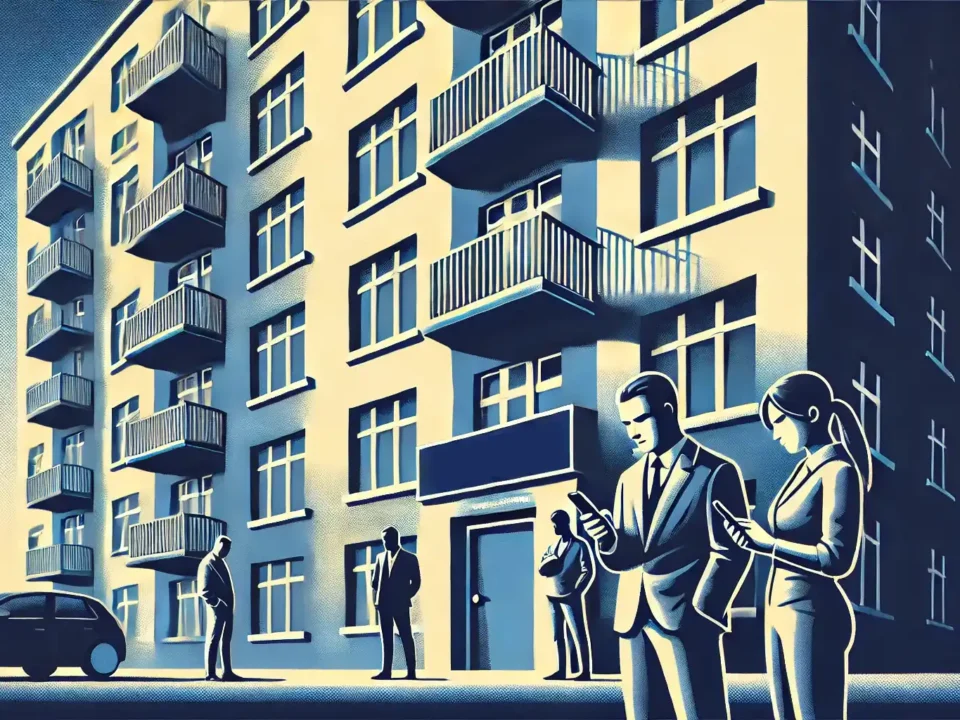 A stylized illustration in shades of dark blue, light blue, and white, with a retro graphic style and no text overlay. The scene shows a group of people on their phones.