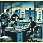 illustration showing government agents working together at a desk, reviewing housing documents to emphasize their role in fighting housing fraud. The office setting with charts and file cabinets, along with the urban view through the window, reinforces the context.