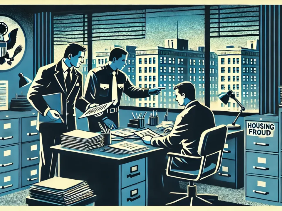 illustration showing government agents working together at a desk, reviewing housing documents to emphasize their role in fighting housing fraud. The office setting with charts and file cabinets, along with the urban view through the window, reinforces the context.