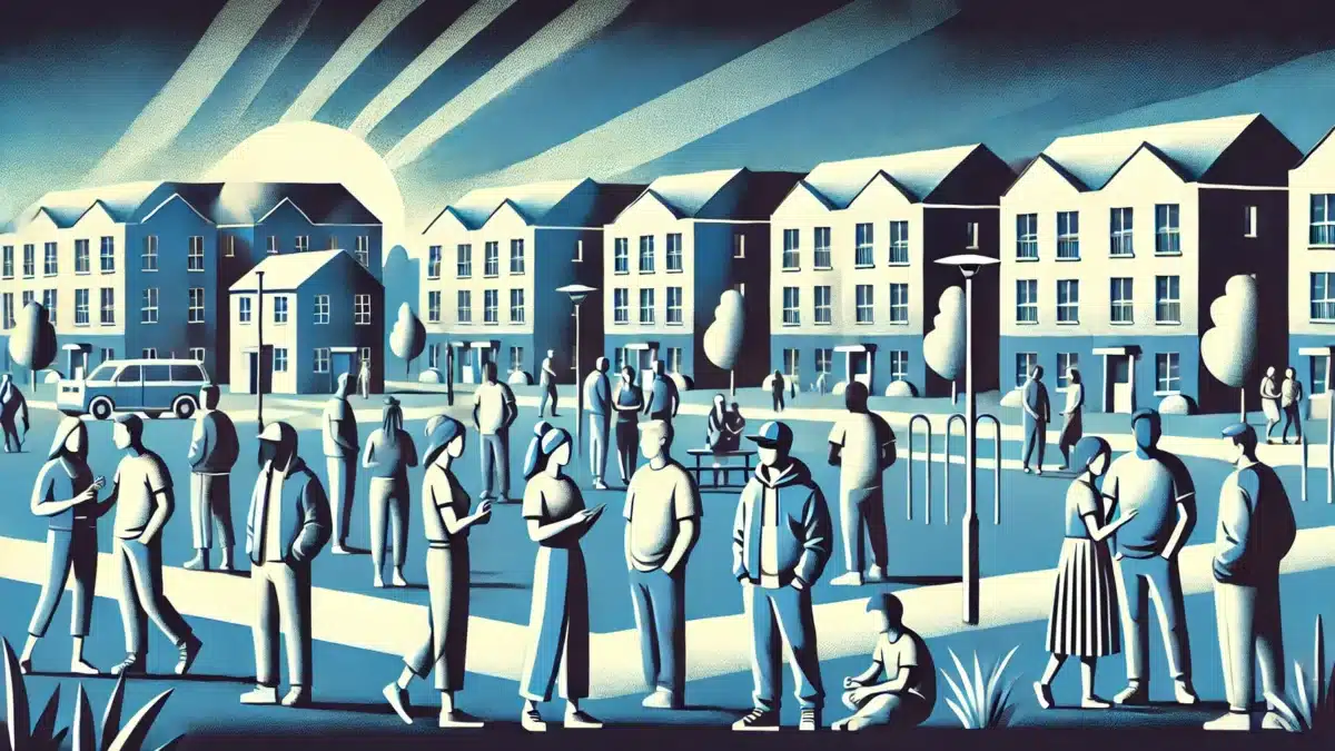 Illustration highlighting a diverse group of individuals in front of a well-kept housing complex.