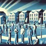 Illustration highlighting a diverse group of individuals in front of a well-kept housing complex.