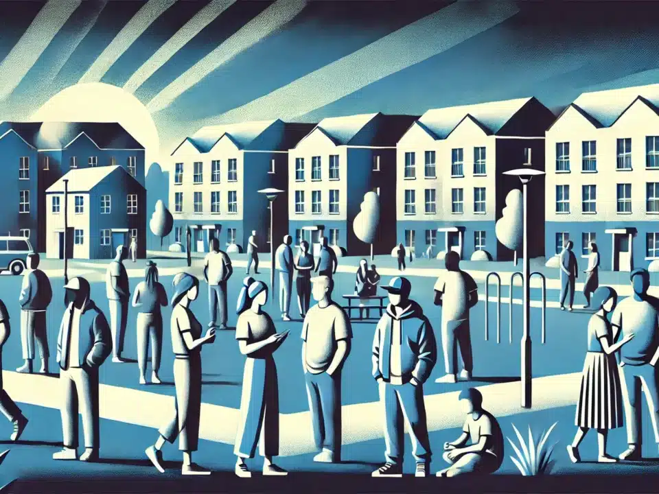 Illustration highlighting a diverse group of individuals in front of a well-kept housing complex.