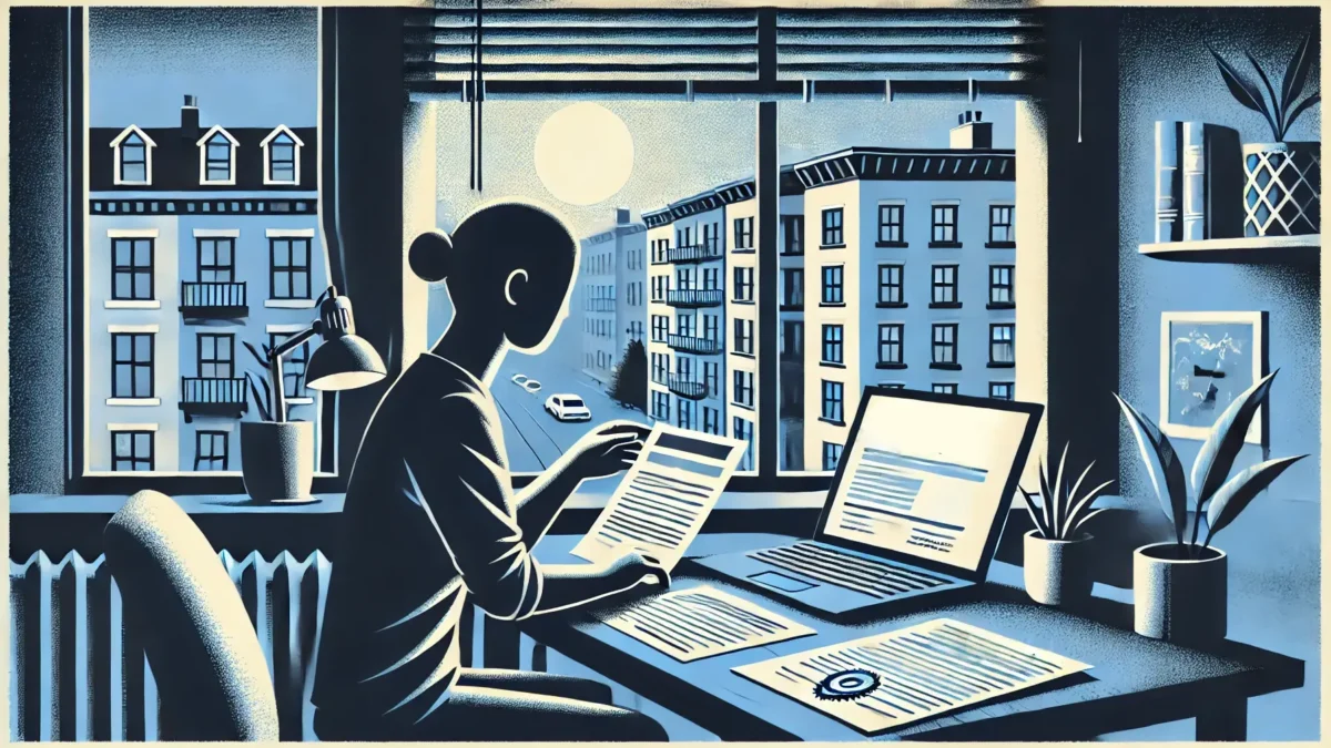 illustration focusing on a person at their desk, reviewing rental documents with a cautious expression and no text overlay. The scene emphasizes detailed, specific actions like the protective hand placement over a deposit slip, set in an urban apartment environment