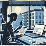 illustration focusing on a person at their desk, reviewing rental documents with a cautious expression and no text overlay. The scene emphasizes detailed, specific actions like the protective hand placement over a deposit slip, set in an urban apartment environment