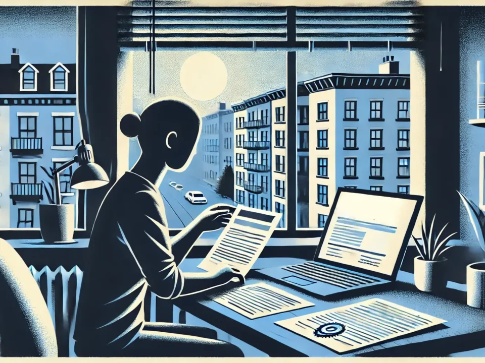 illustration focusing on a person at their desk, reviewing rental documents with a cautious expression and no text overlay. The scene emphasizes detailed, specific actions like the protective hand placement over a deposit slip, set in an urban apartment environment