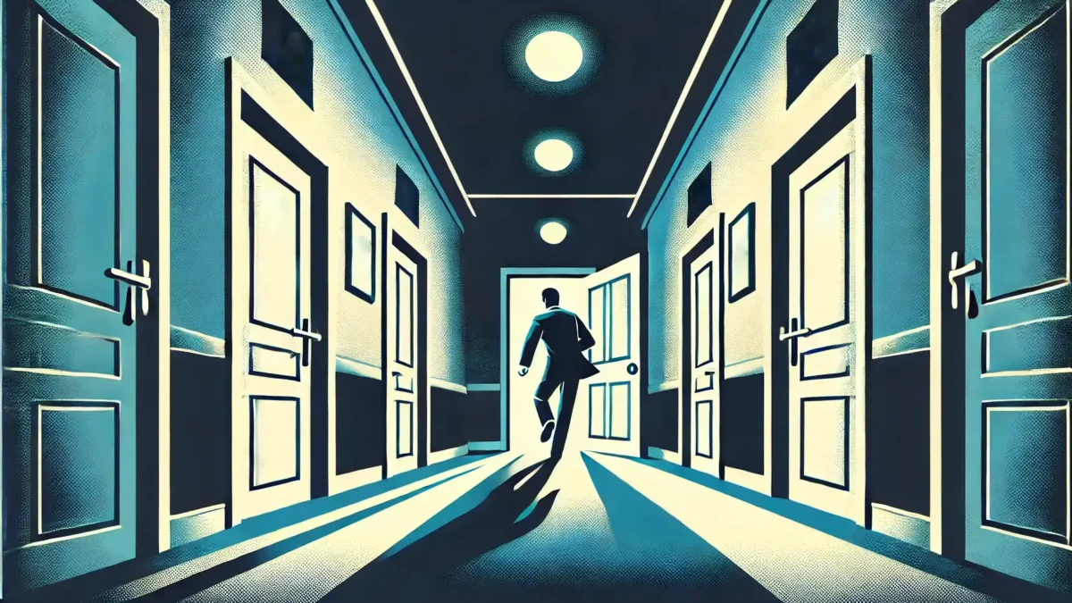 A illustration in shades of dark blue, light blue, and white, with a retro graphic style and no text overlay. The scene shows a person in a hallway