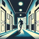 A illustration in shades of dark blue, light blue, and white, with a retro graphic style and no text overlay. The scene shows a person in a hallway