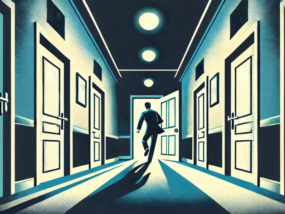 A illustration in shades of dark blue, light blue, and white, with a retro graphic style and no text overlay. The scene shows a person in a hallway