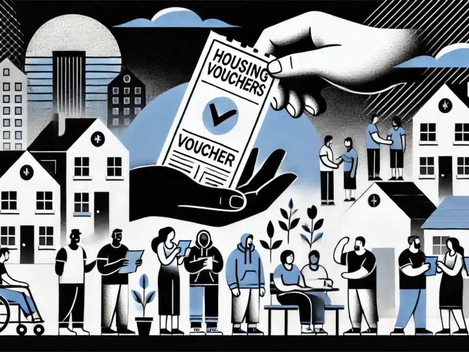 A banner image of people being handed housing vouchers.