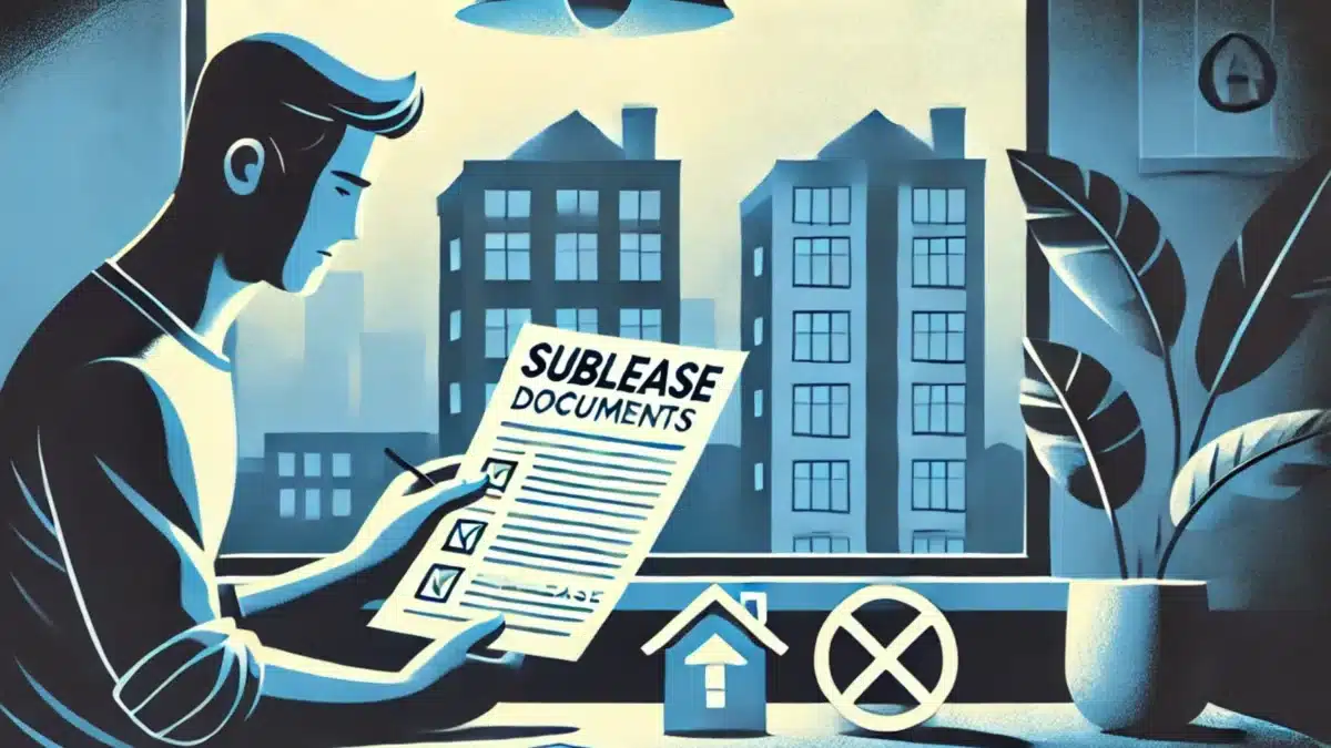 illustration for "Sublease Scams," showing a person in their apartment cautiously reviewing sublease documents. Subtle icons like a crossed-out house suggest caution, creating a vigilant atmosphere.