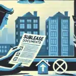 illustration for "Sublease Scams," showing a person in their apartment cautiously reviewing sublease documents. Subtle icons like a crossed-out house suggest caution, creating a vigilant atmosphere.