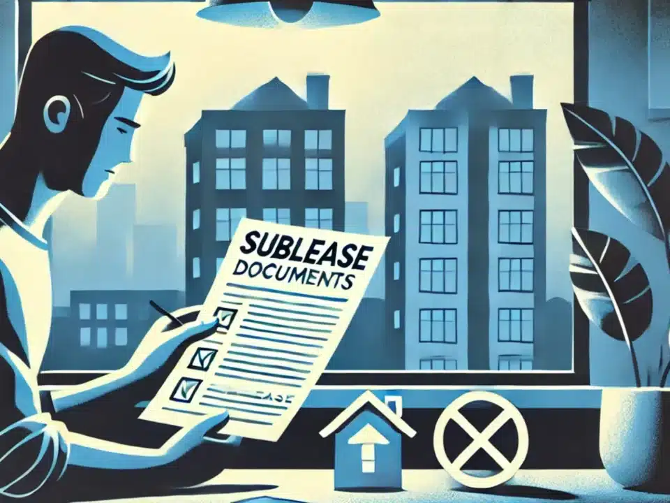 illustration for "Sublease Scams," showing a person in their apartment cautiously reviewing sublease documents. Subtle icons like a crossed-out house suggest caution, creating a vigilant atmosphere.