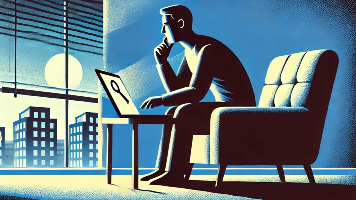 illustration for "Fake Rental Agencies," showing a person in their apartment cautiously reviewing a rental agency website. Subtle warning symbols and shadowy figures suggest the potential for scams, creating a vigilant atmosphere.