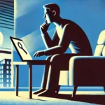 illustration for "Fake Rental Agencies," showing a person in their apartment cautiously reviewing a rental agency website. Subtle warning symbols and shadowy figures suggest the potential for scams, creating a vigilant atmosphere.