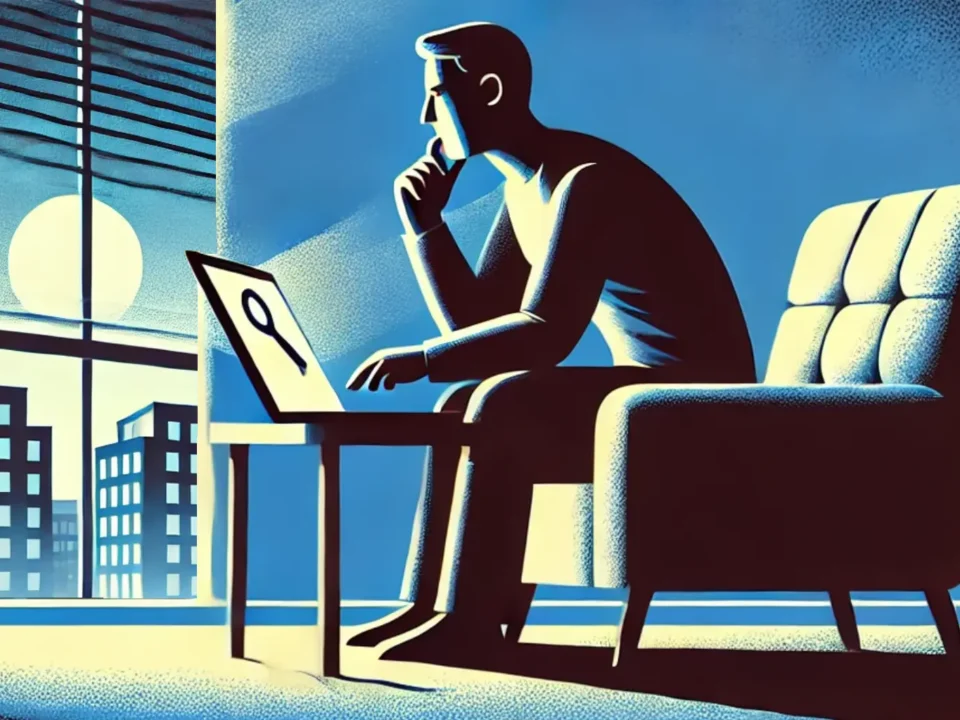 illustration for "Fake Rental Agencies," showing a person in their apartment cautiously reviewing a rental agency website. Subtle warning symbols and shadowy figures suggest the potential for scams, creating a vigilant atmosphere.