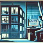 A person sits in a dimly lit room, staring at a computer screen displaying the word "SCAM," with a view of neighboring apartment windows showing various silhouettes of people inside.