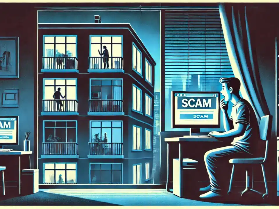 A person sits in a dimly lit room, staring at a computer screen displaying the word "SCAM," with a view of neighboring apartment windows showing various silhouettes of people inside.