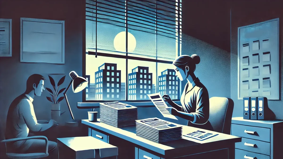 A illustration in shades of dark blue, light blue, and white, with a retro graphic style and no icons or text overlay. The scene shows a pers