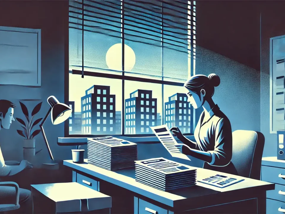 A illustration in shades of dark blue, light blue, and white, with a retro graphic style and no icons or text overlay. The scene shows a pers