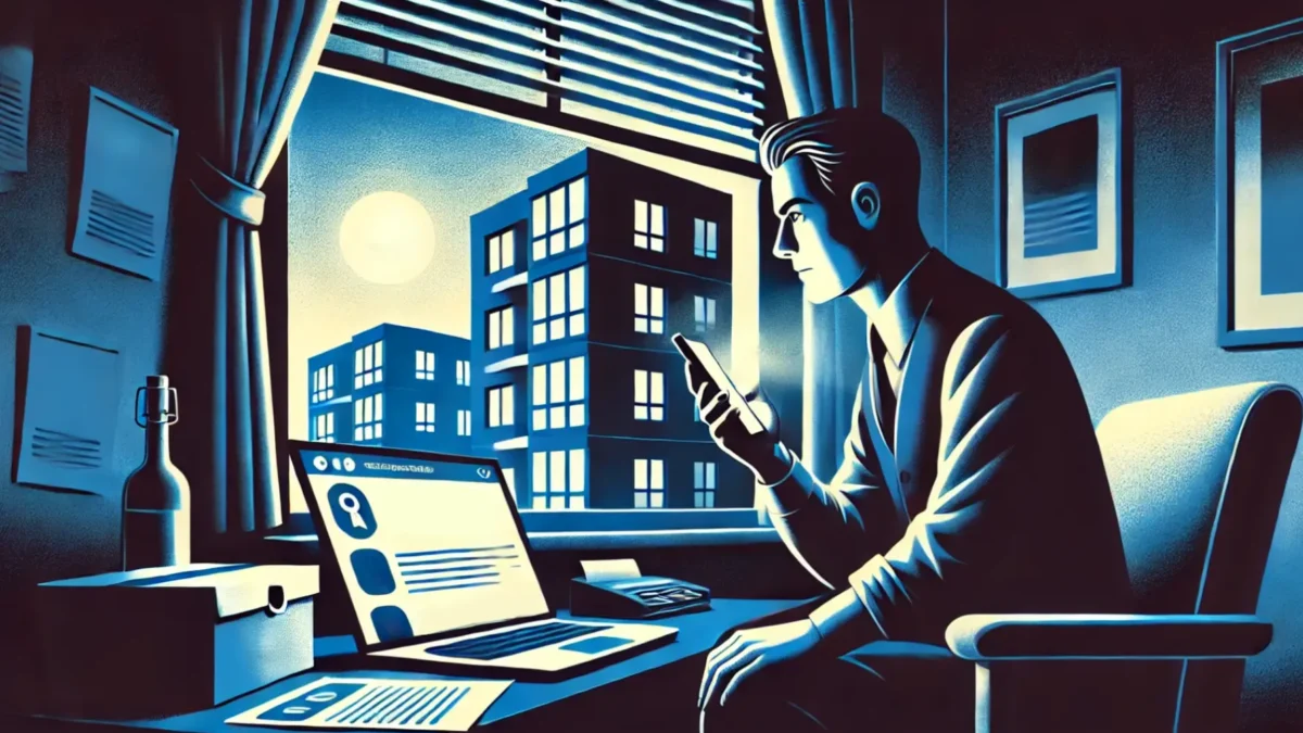 illustration showing a person cautiously scrolling through their phone in an apartment setting. The scene emphasizes vigilance and the rental context with subtle, investigative details