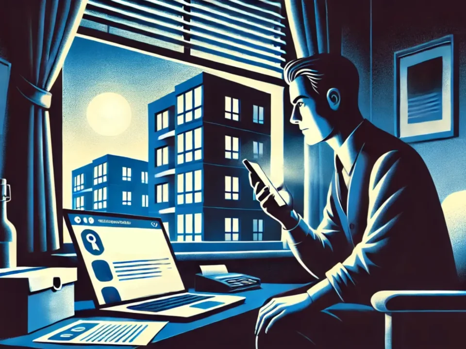 illustration showing a person cautiously scrolling through their phone in an apartment setting. The scene emphasizes vigilance and the rental context with subtle, investigative details