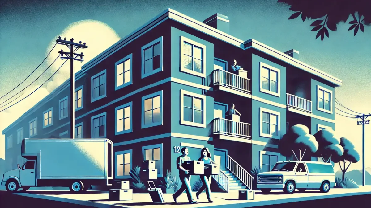 A stylized illustration in shades of dark blue, light blue, and white, with a retro graphic style and no text overlay. The scene depicts a family happ