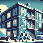 A stylized illustration in shades of dark blue, light blue, and white, with a retro graphic style and no text overlay. The scene depicts a family happ