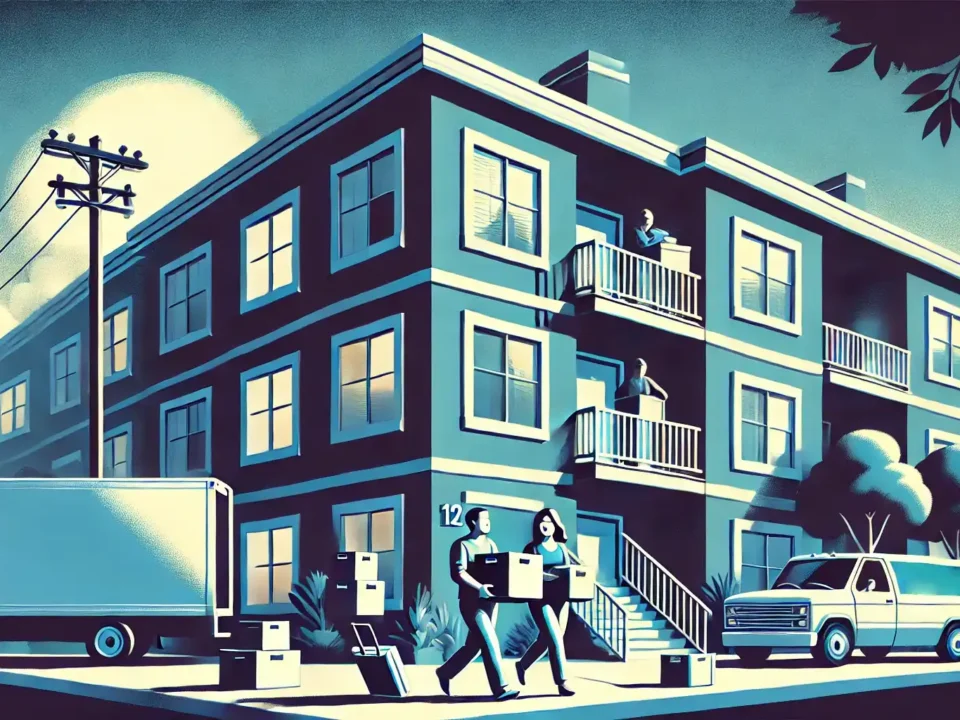 A stylized illustration in shades of dark blue, light blue, and white, with a retro graphic style and no text overlay. The scene depicts a family happ