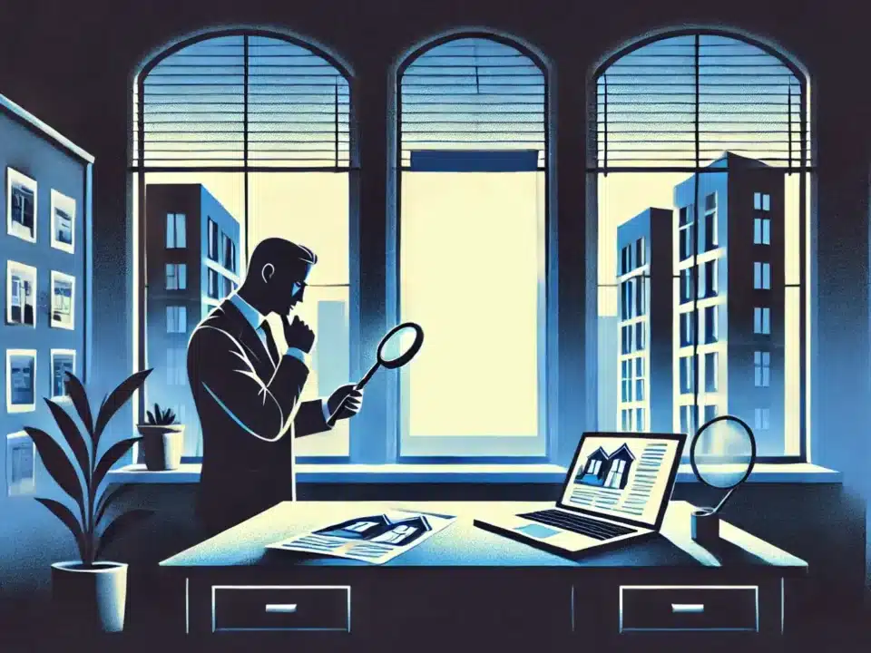 illustration showing a person carefully examining printed property photos with a skeptical expression.