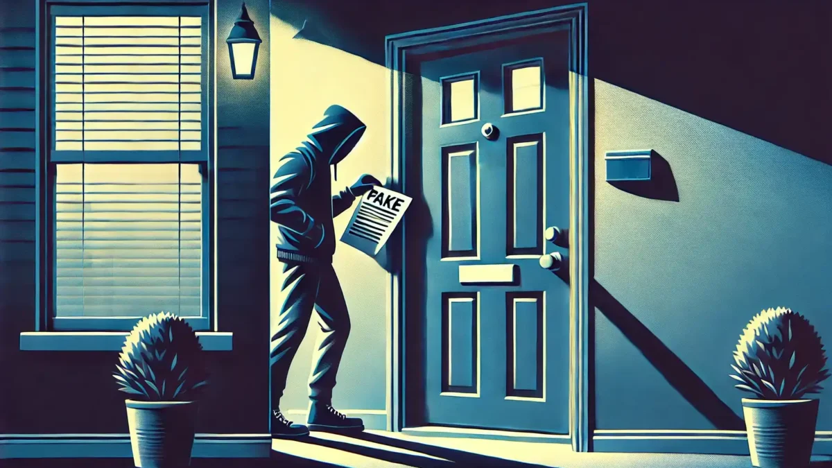 A illustration showing a suspicious figure outside an apartment door placing a notice