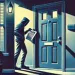 A illustration showing a suspicious figure outside an apartment door placing a notice