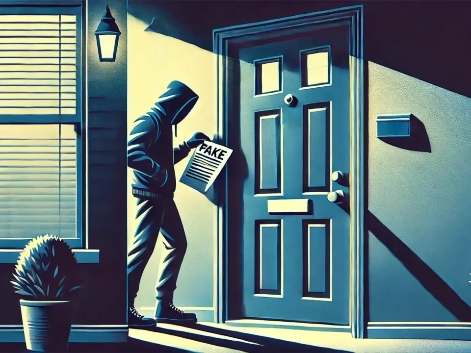 A illustration showing a suspicious figure outside an apartment door placing a notice