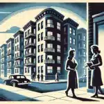 A street scene with apartment buildings in a retro style, where two women are conversing near an open door, symbolizing a safe and trustworthy environment for rental discussions.