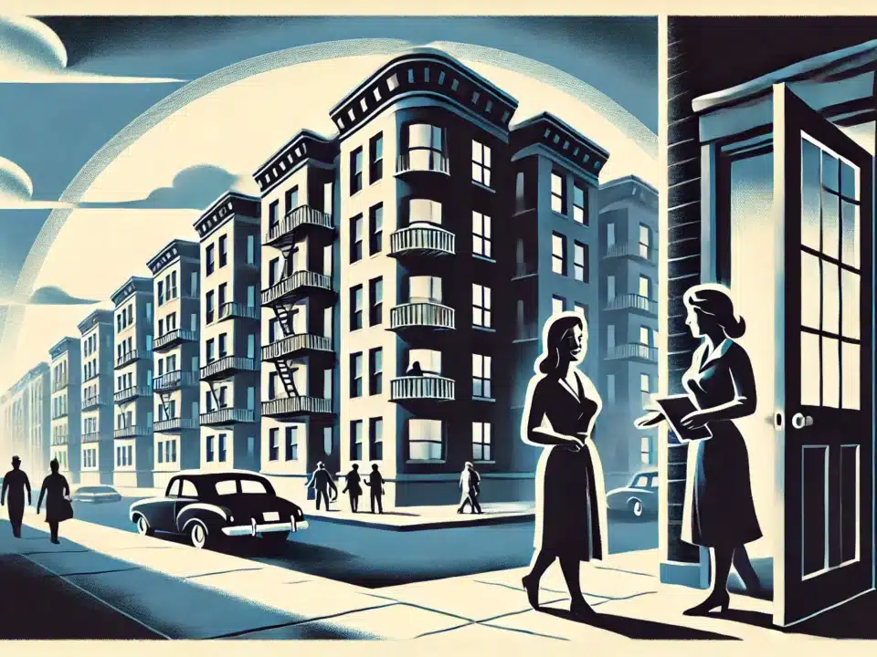 A street scene with apartment buildings in a retro style, where two women are conversing near an open door, symbolizing a safe and trustworthy environment for rental discussions.