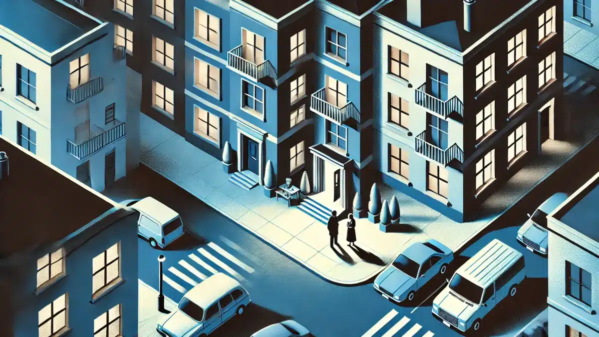 An aerial view of a city block with apartment buildings, cars parked along the street, and two people talking outside one of the entrances, creating a sense of urban life and caution.