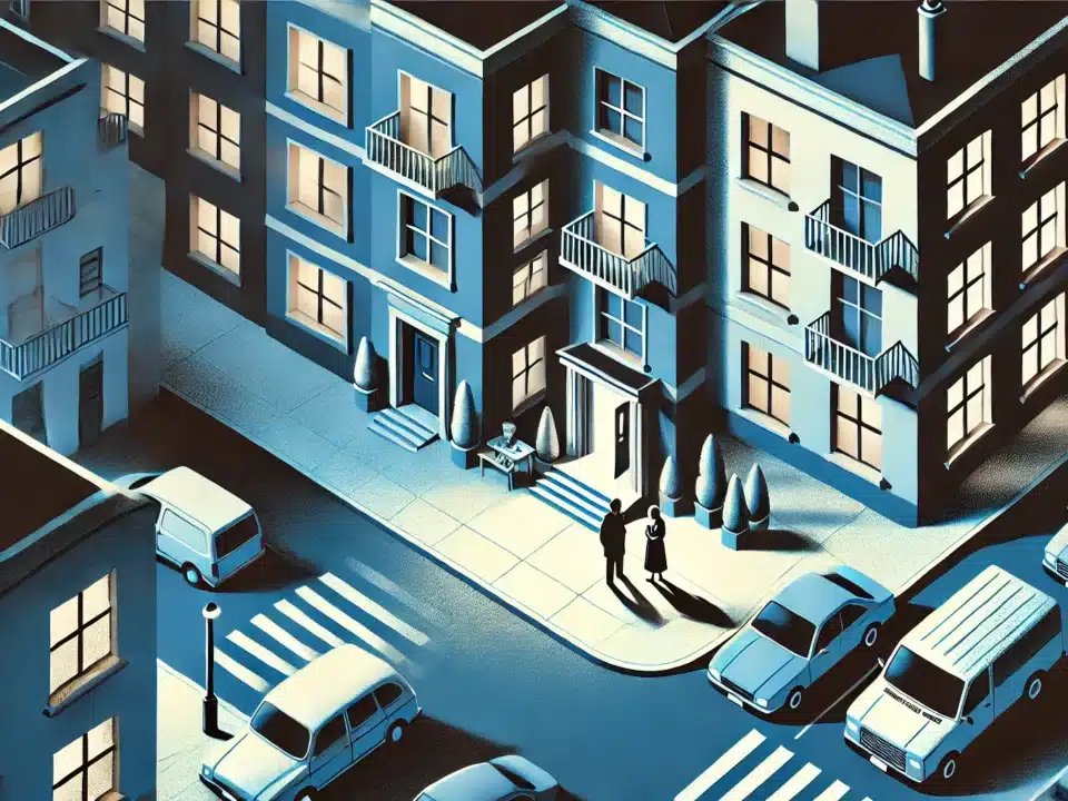 An aerial view of a city block with apartment buildings, cars parked along the street, and two people talking outside one of the entrances, creating a sense of urban life and caution.