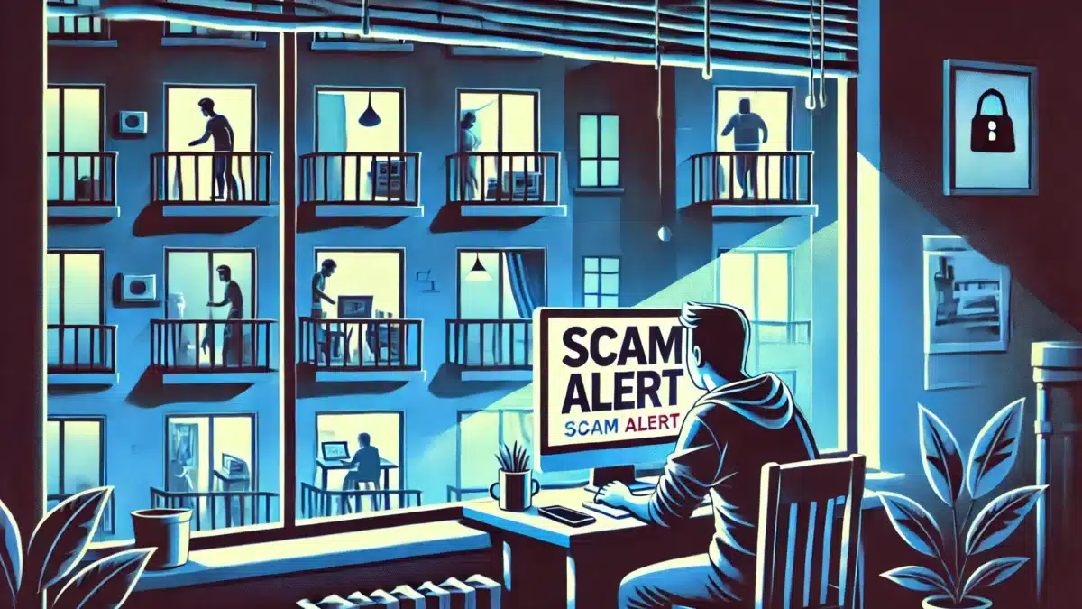 A person in a dark room looking at a computer screen that reads "SCAM ALERT," with neighboring apartment windows showing silhouettes of people, creating a sense of isolation and awareness about online scams.