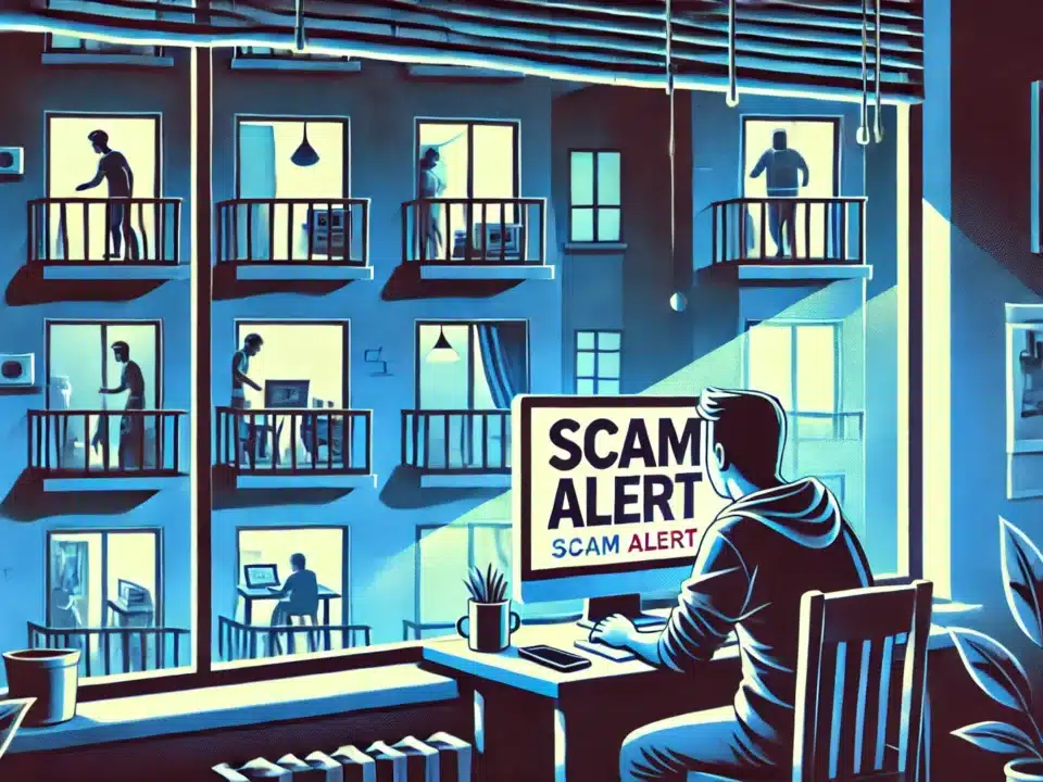 A person in a dark room looking at a computer screen that reads "SCAM ALERT," with neighboring apartment windows showing silhouettes of people, creating a sense of isolation and awareness about online scams.