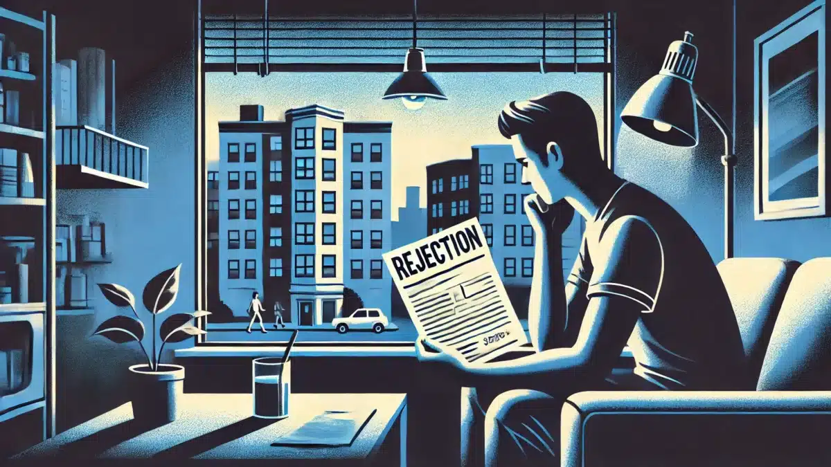 A person sits in an apartment holding a paper labeled "REJECTION," looking out the window at nearby buildings, symbolizing feelings of disappointment and reflection.