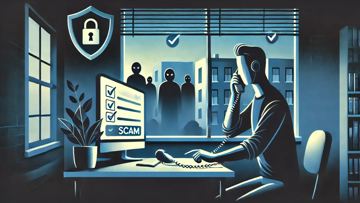 an illustration themed for "How to Report Housing Scams," depicting a person in an apartment holding a phone, actively reporting a scam. Shadowy figures in the background symbolize scam threats fading away as action is taken, creating a sense of empowerment. Let me know if you'd like any adjustments or further illustrations!