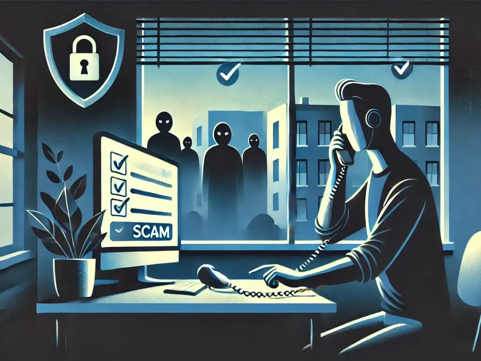 an illustration themed for "How to Report Housing Scams," depicting a person in an apartment holding a phone, actively reporting a scam. Shadowy figures in the background symbolize scam threats fading away as action is taken, creating a sense of empowerment. Let me know if you'd like any adjustments or further illustrations!