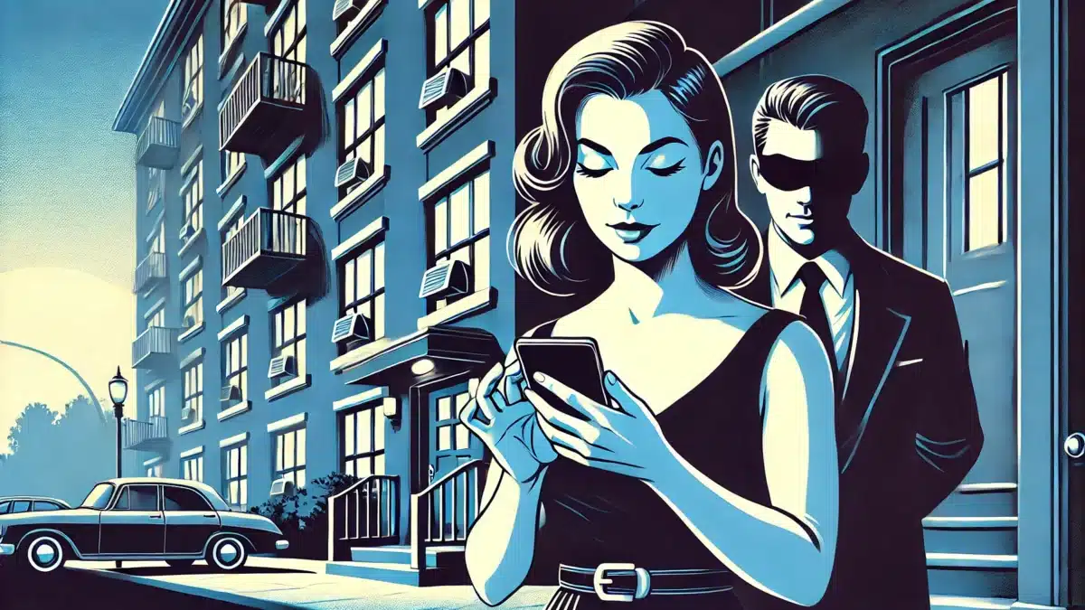 illustration showing a woman cautiously using her phone in front of an apartment building, with a man subtly trying to look at her phone from behind. The scene emphasizes vigilance and awareness against potential scams or intrusions.