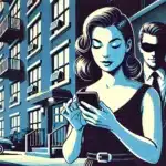 illustration showing a woman cautiously using her phone in front of an apartment building, with a man subtly trying to look at her phone from behind. The scene emphasizes vigilance and awareness against potential scams or intrusions.