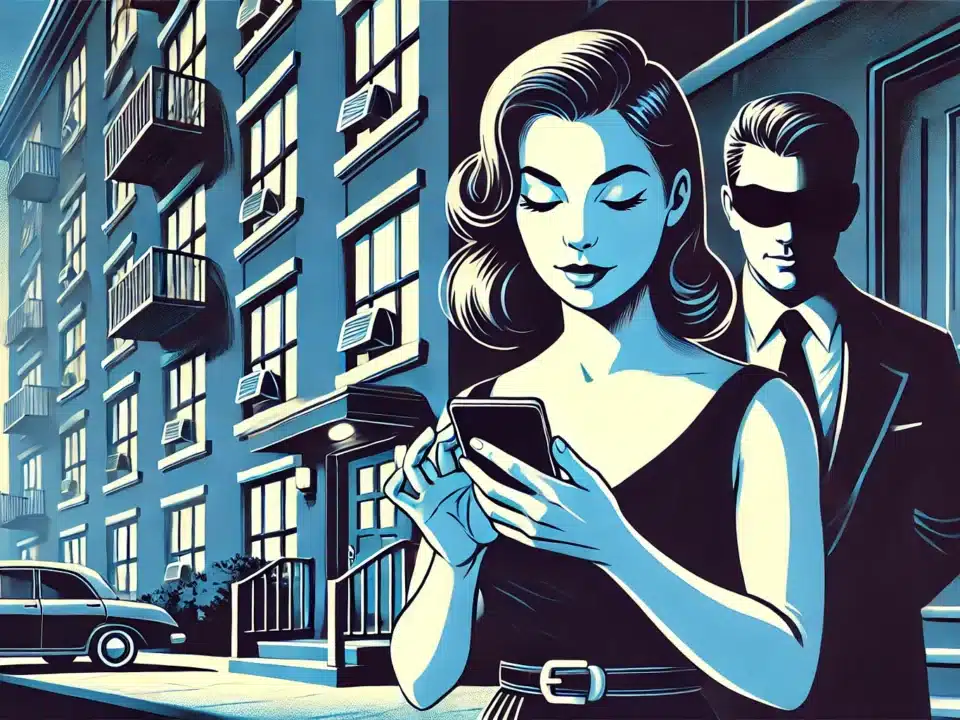 illustration showing a woman cautiously using her phone in front of an apartment building, with a man subtly trying to look at her phone from behind. The scene emphasizes vigilance and awareness against potential scams or intrusions.